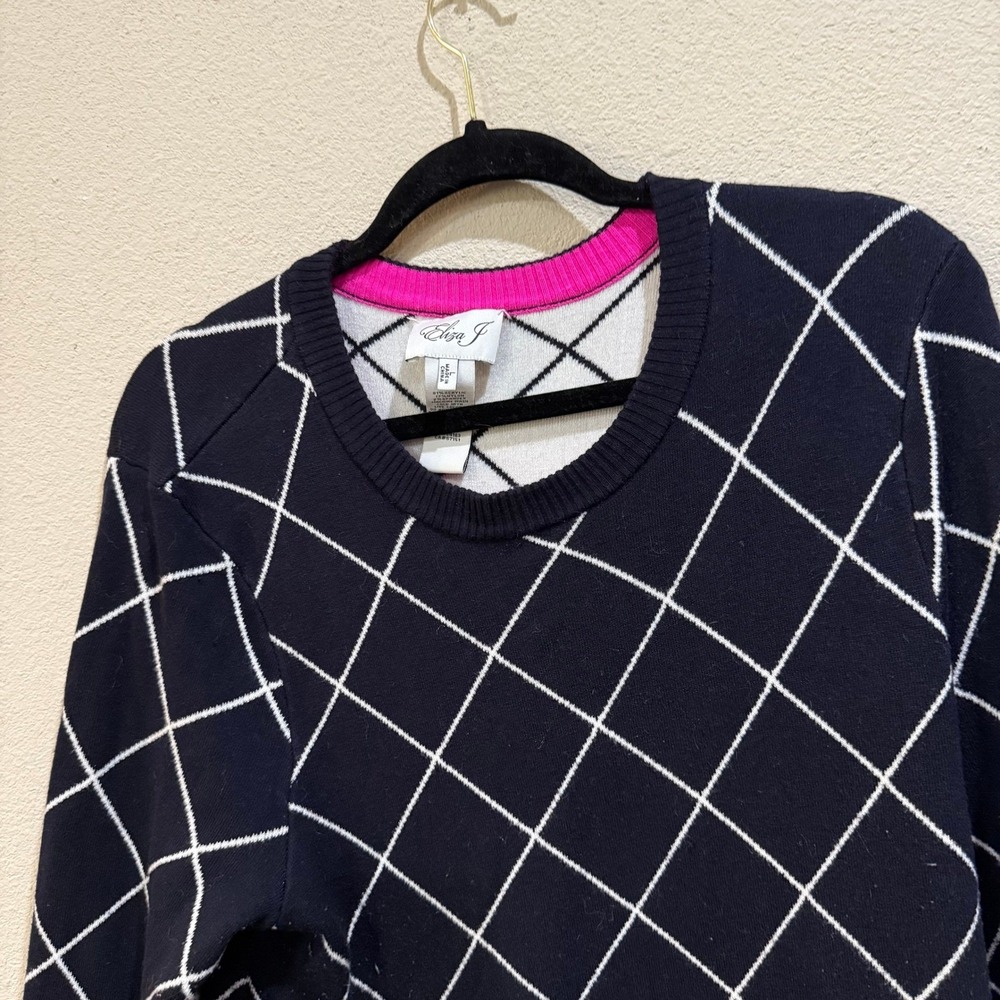 Eliza J Sweater Dress Womens Large Navy Blue Excellent Grid Print Pink Trim